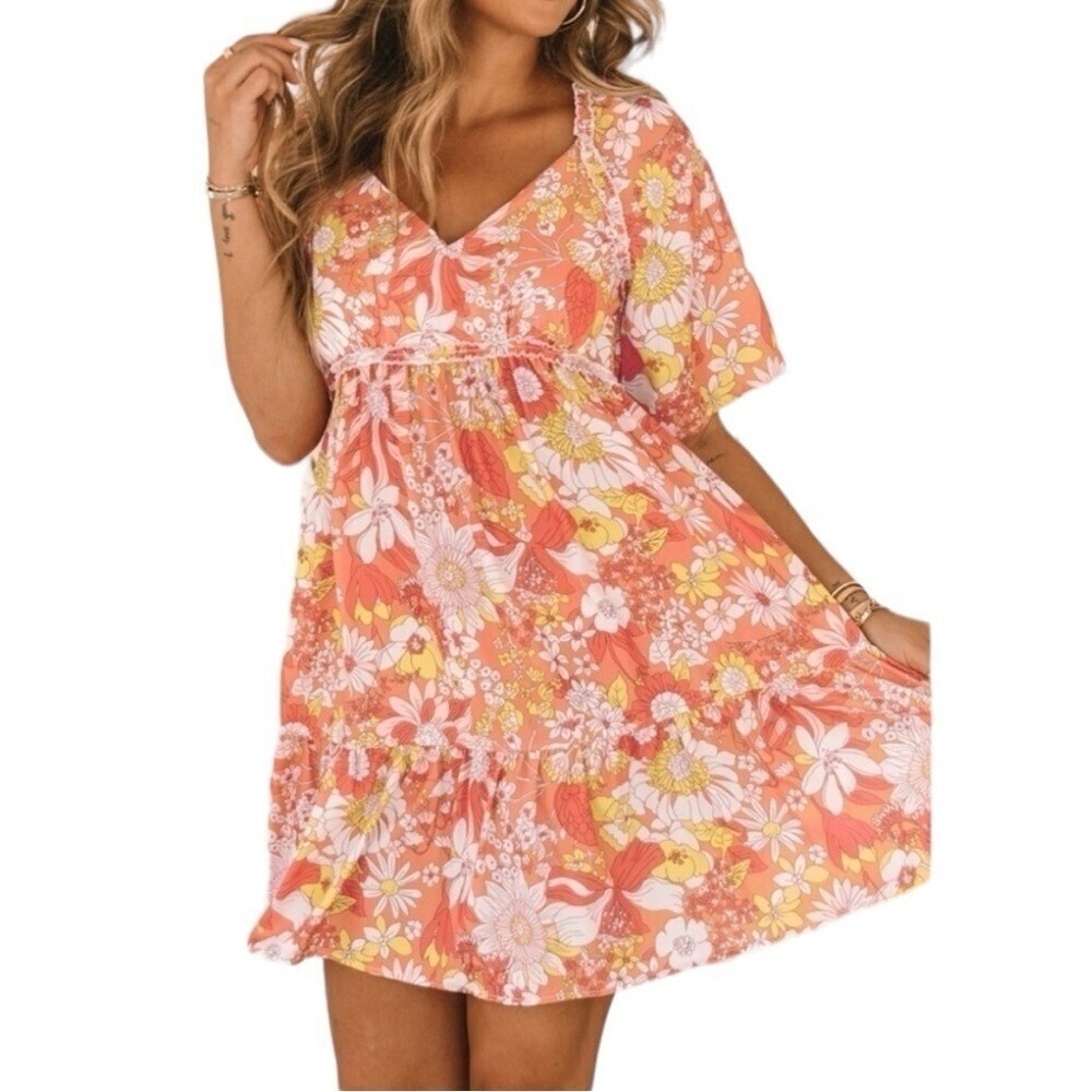 Orange Floral Babydoll Mini Dress Women’s Large Puff Sleeve NWOT